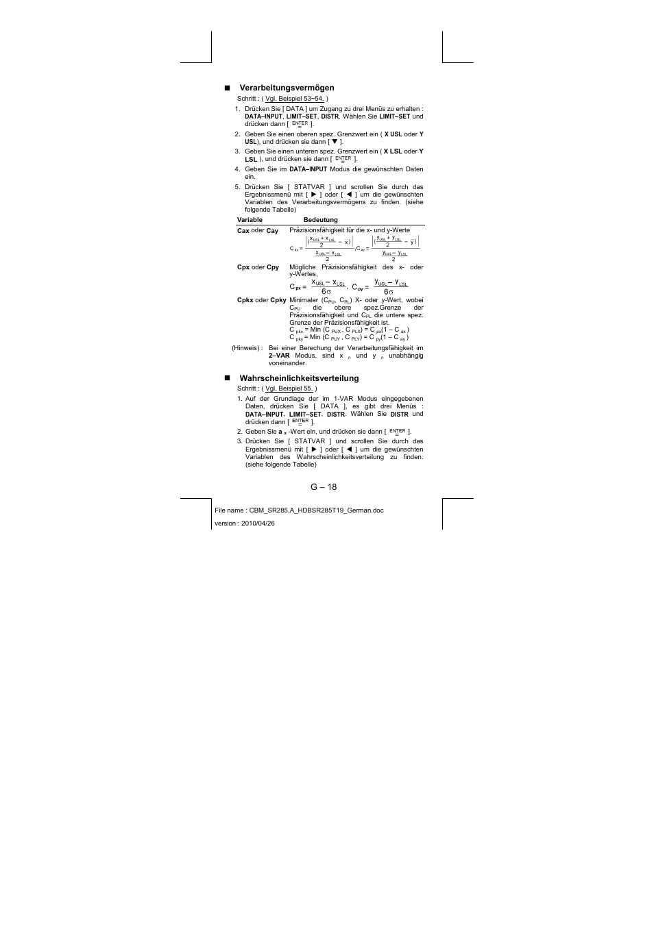 G – 18, Verarbeitungsvermögen, Wahrscheinlichkeitsverteilung | CITIZEN SRP-285N User Manual | Page 79 / 247