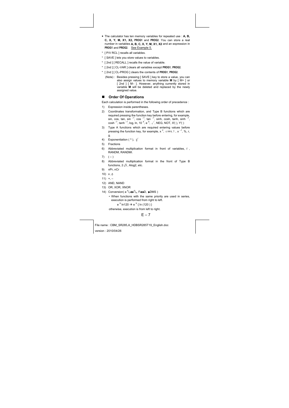 E – 7, Order of operations | CITIZEN SRP-285N User Manual | Page 8 / 247