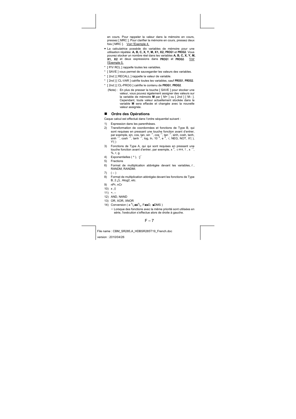 F – 7, Ordre des opérations | CITIZEN SRP-285N User Manual | Page 89 / 247