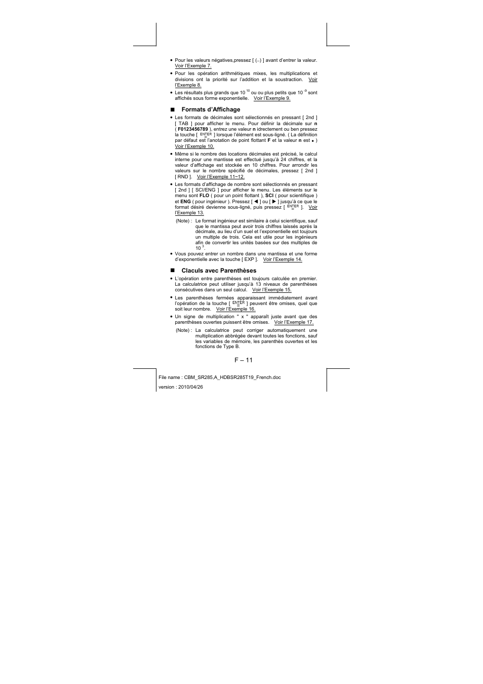 F – 11, Formats d’affichage, Claculs avec parenthèses | CITIZEN SRP-285N User Manual | Page 93 / 247