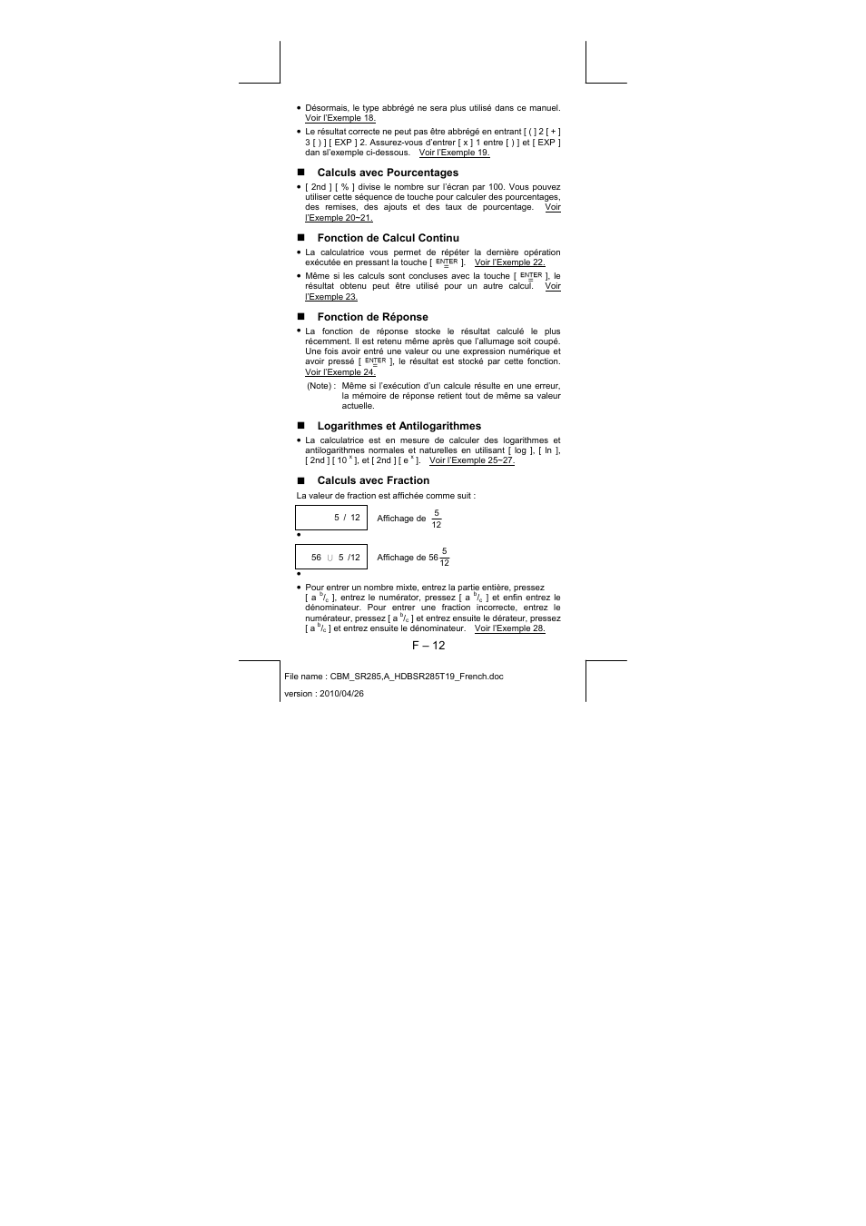 F – 12, Calculs avec pourcentages, Fonction de calcul continu | Fonction de réponse, Logarithmes et antilogarithmes, Calculs avec fraction | CITIZEN SRP-285N User Manual | Page 94 / 247