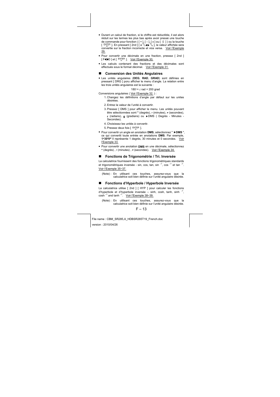 F – 13, Conversion des unités angulaires, Fonctions de trigonométrie / tri. inversée | Fonctions d’hyperbole / hyperbole inversée | CITIZEN SRP-285N User Manual | Page 95 / 247