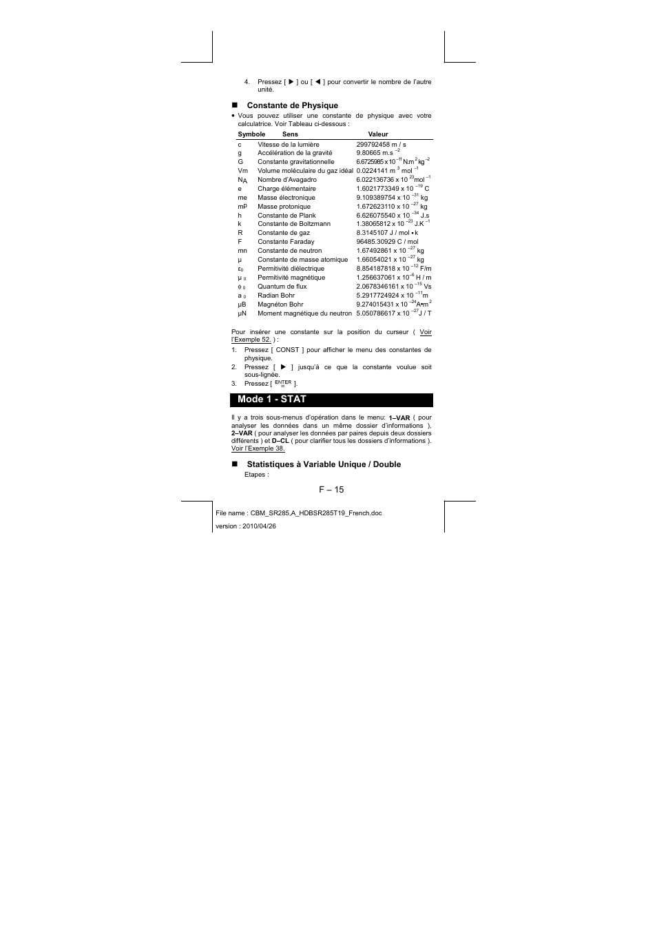 Mode 1 - stat, F – 15, Constante de physique | Statistiques à variable unique / double | CITIZEN SRP-285N User Manual | Page 97 / 247