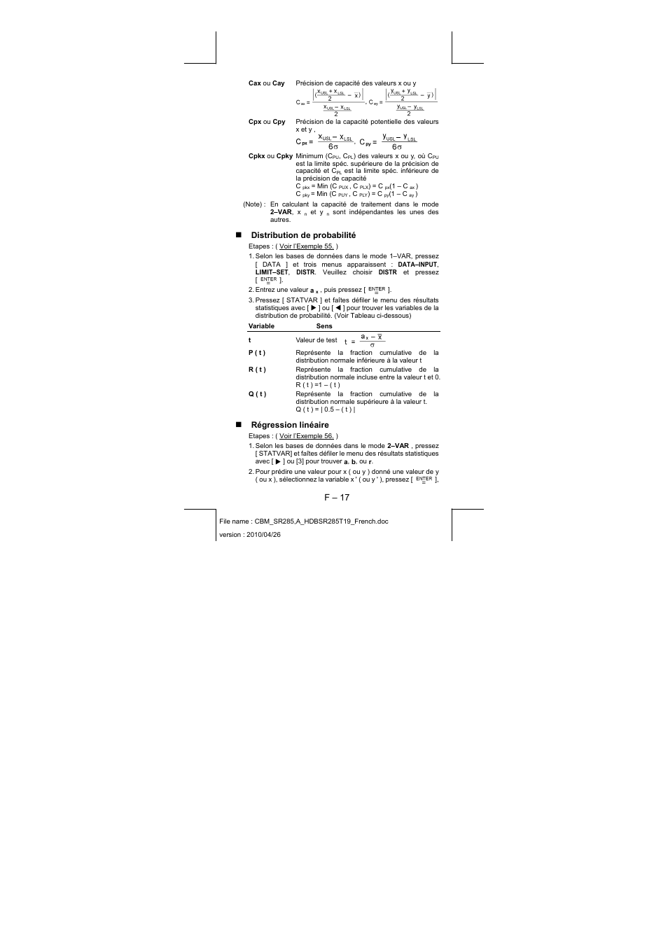 F – 17, Distribution de probabilité, Régression linéaire | CITIZEN SRP-285N User Manual | Page 99 / 247