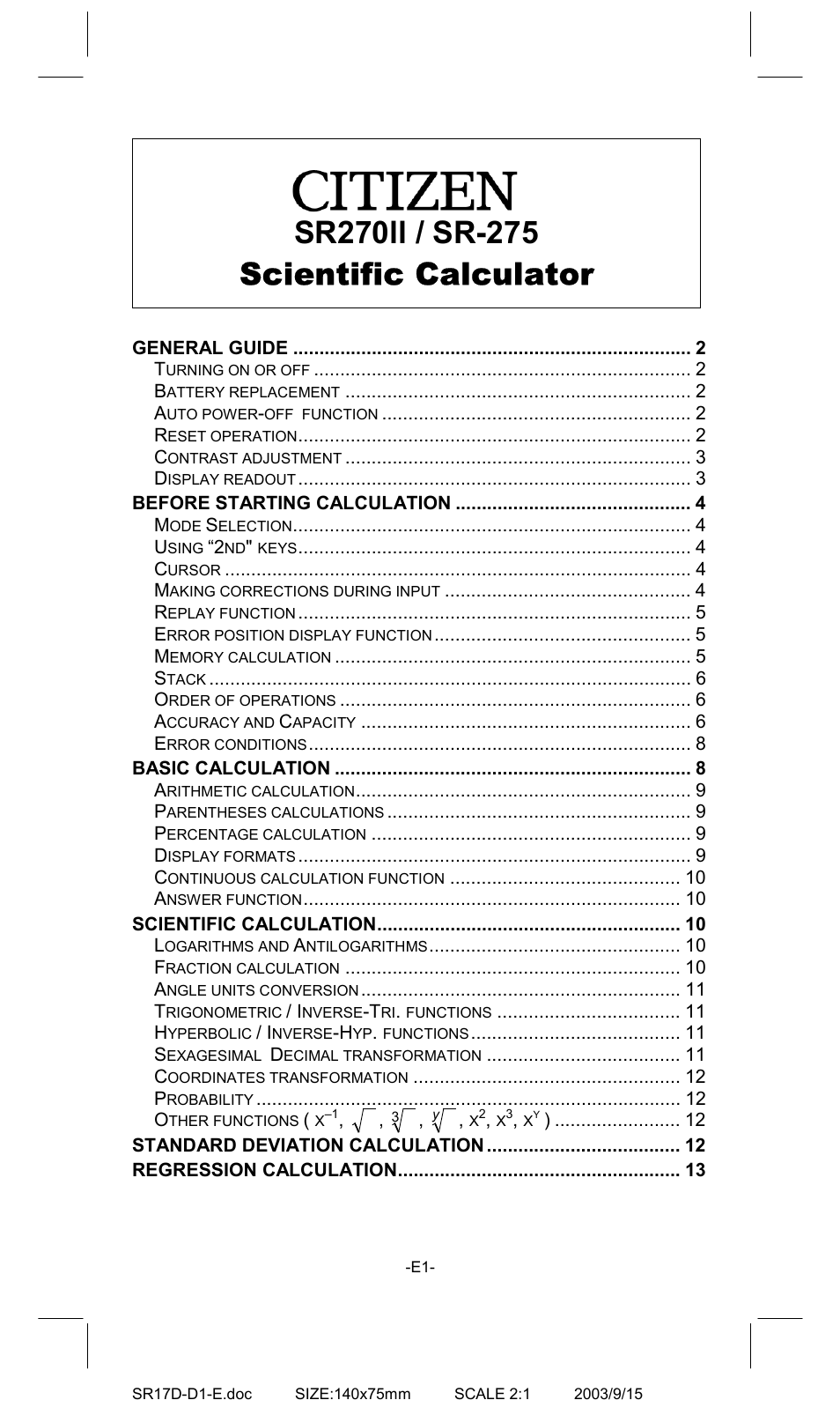 CITIZEN SR-275EU User Manual | 14 pages