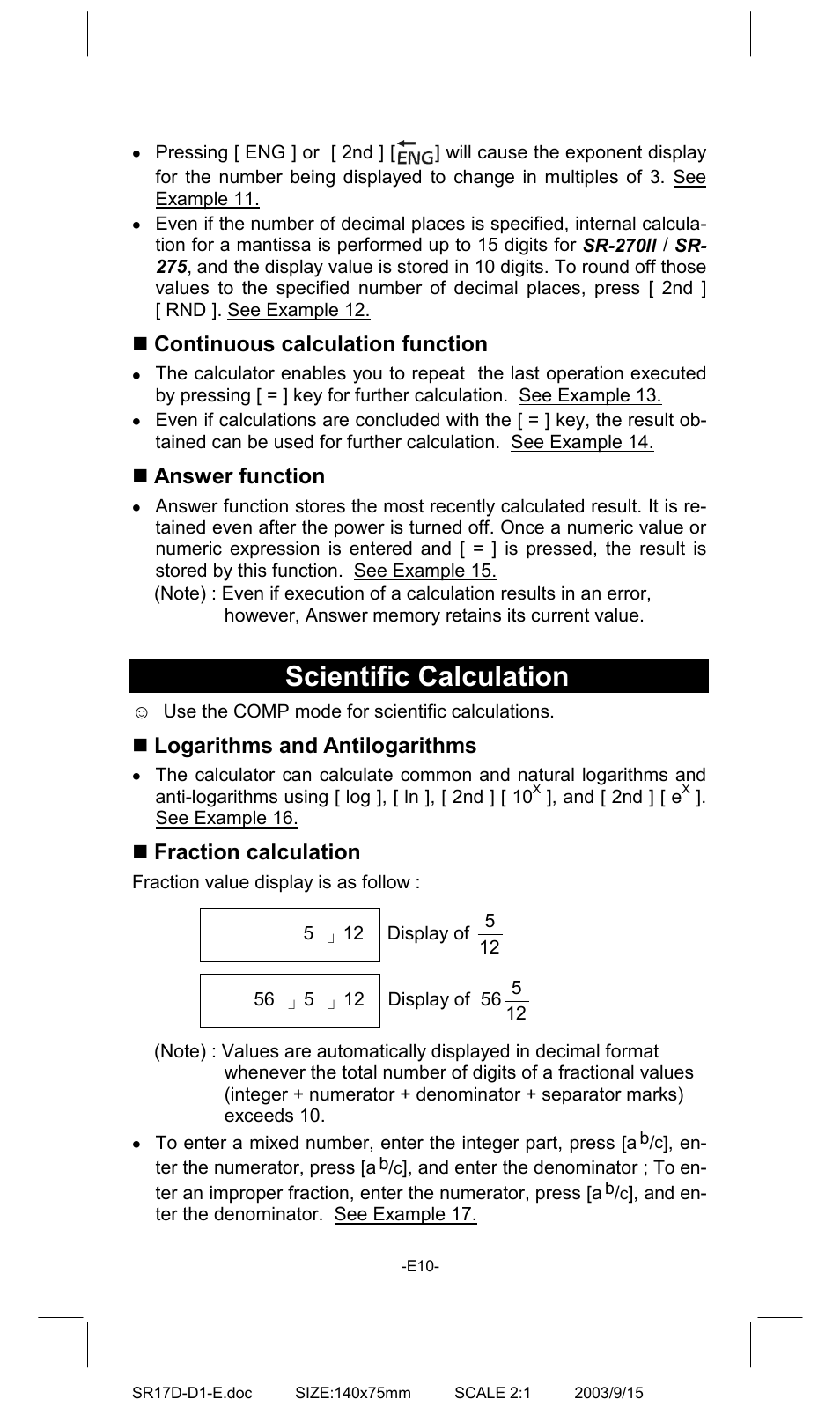 Scientific calculation | CITIZEN SR-275EU User Manual | Page 10 / 14