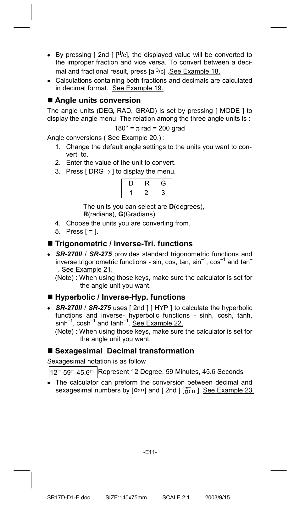 Angle units conversion, Trigonometric / inverse-tri. functions, Hyperbolic / inverse-hyp. functions | Sexagesimal decimal transformation | CITIZEN SR-275EU User Manual | Page 11 / 14