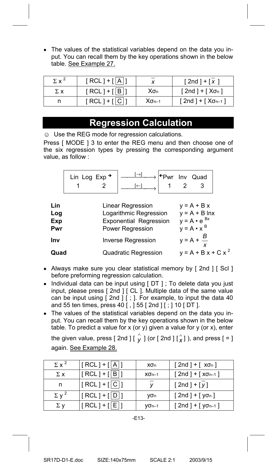 Regression calculation | CITIZEN SR-275EU User Manual | Page 13 / 14