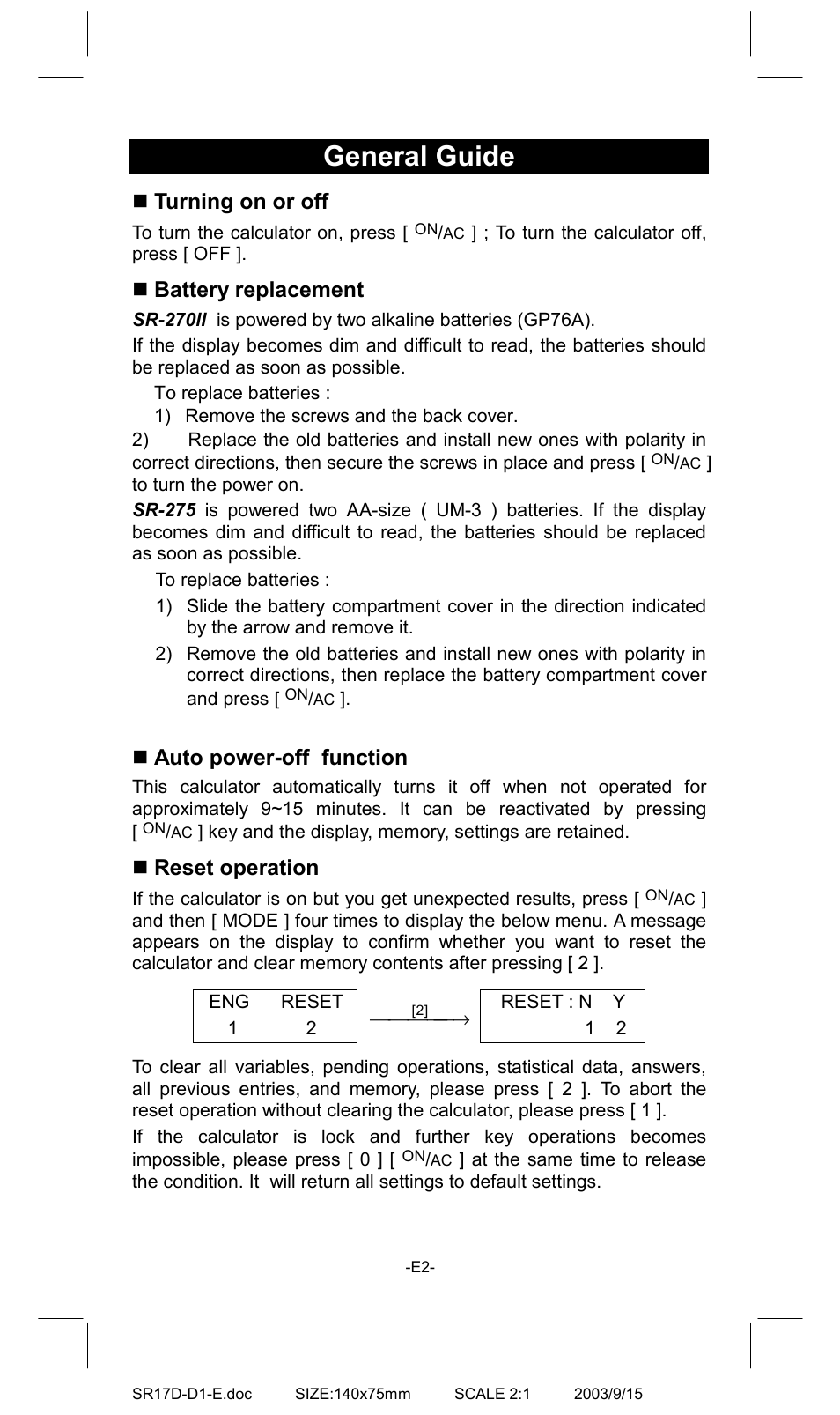General guide, Turning on or off, Battery replacement | Auto power-off function, Reset operation | CITIZEN SR-275EU User Manual | Page 2 / 14