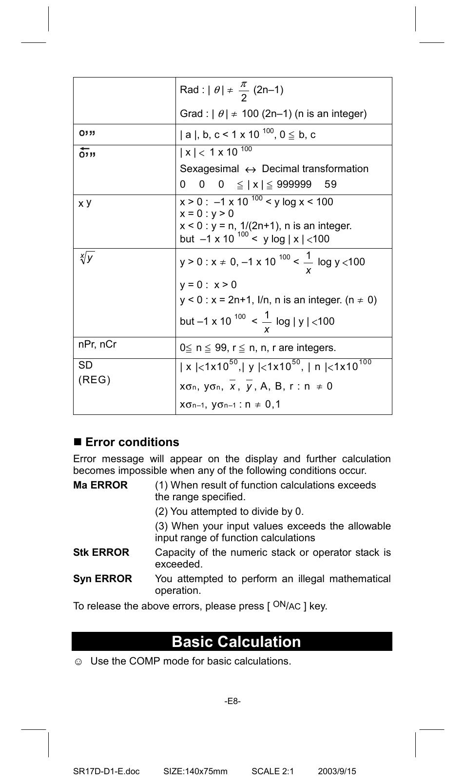 Basic calculation, Error conditions | CITIZEN SR-275EU User Manual | Page 8 / 14