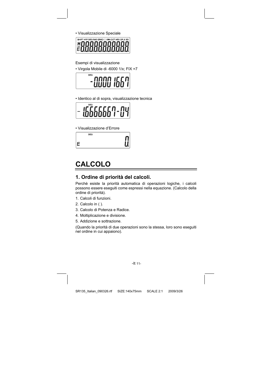 Calcolo, Ordine di priorità del calcoli | CITIZEN SR-135NPU User Manual | Page 102 / 182