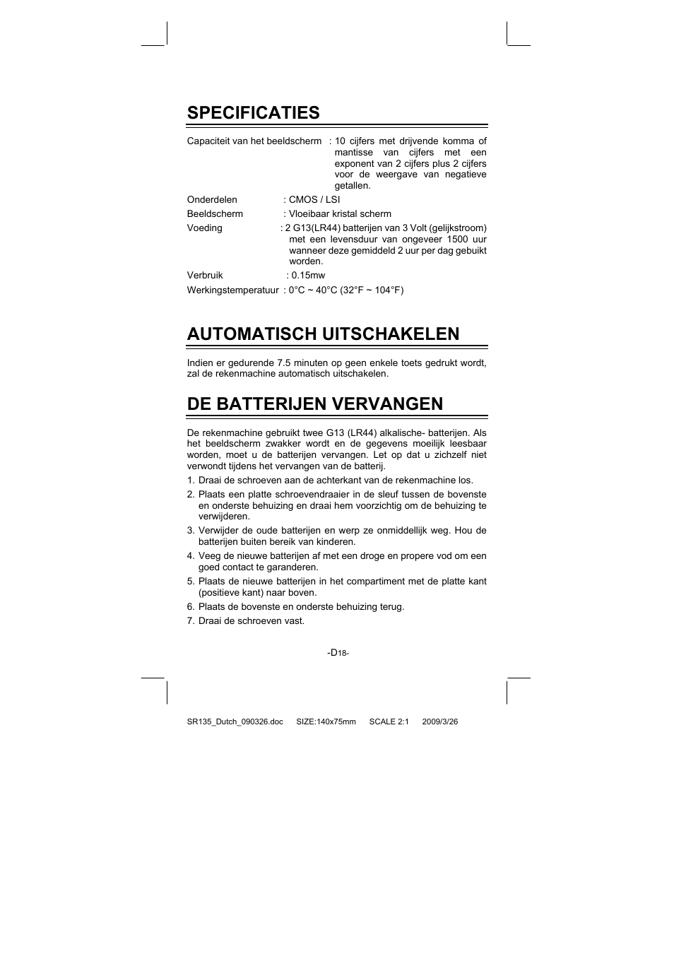 Specificaties, Automatisch uitschakelen, De batterijen vervangen | CITIZEN SR-135NPU User Manual | Page 127 / 182