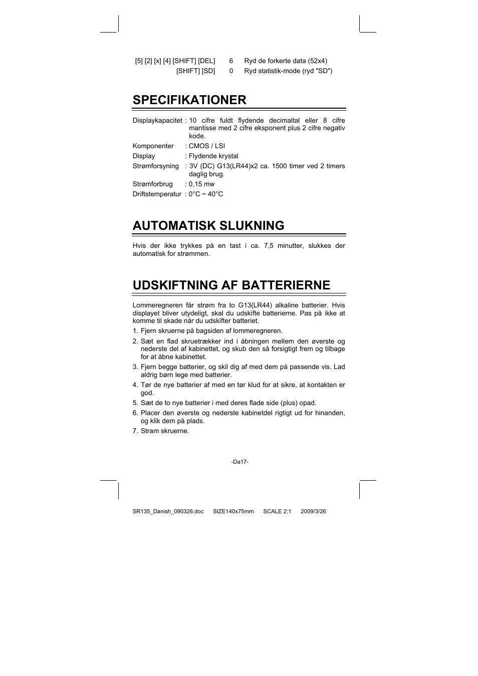 Specifikationer, Automatisk slukning, Udskiftning af batterierne | CITIZEN SR-135NPU User Manual | Page 144 / 182