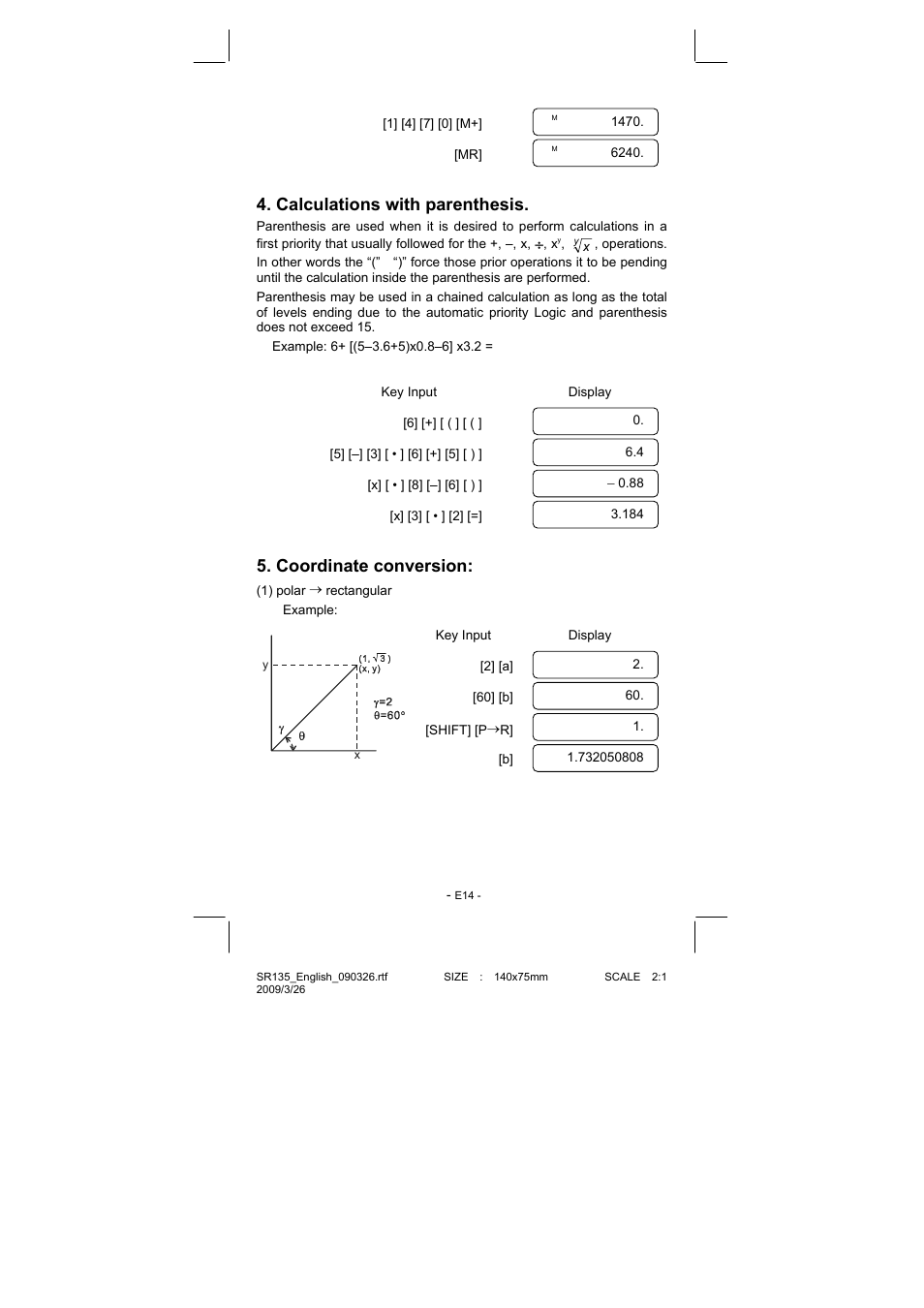 Calculations with parenthesis, Coordinate conversion | CITIZEN SR-135NPU User Manual | Page 15 / 182