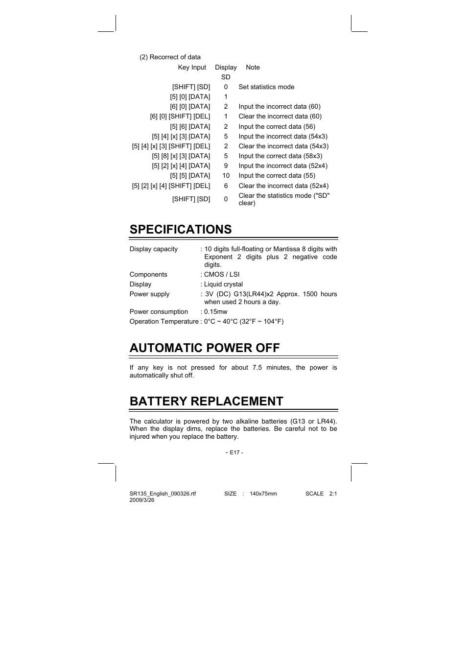 Specifications, Automatic power off, Battery replacement | CITIZEN SR-135NPU User Manual | Page 18 / 182