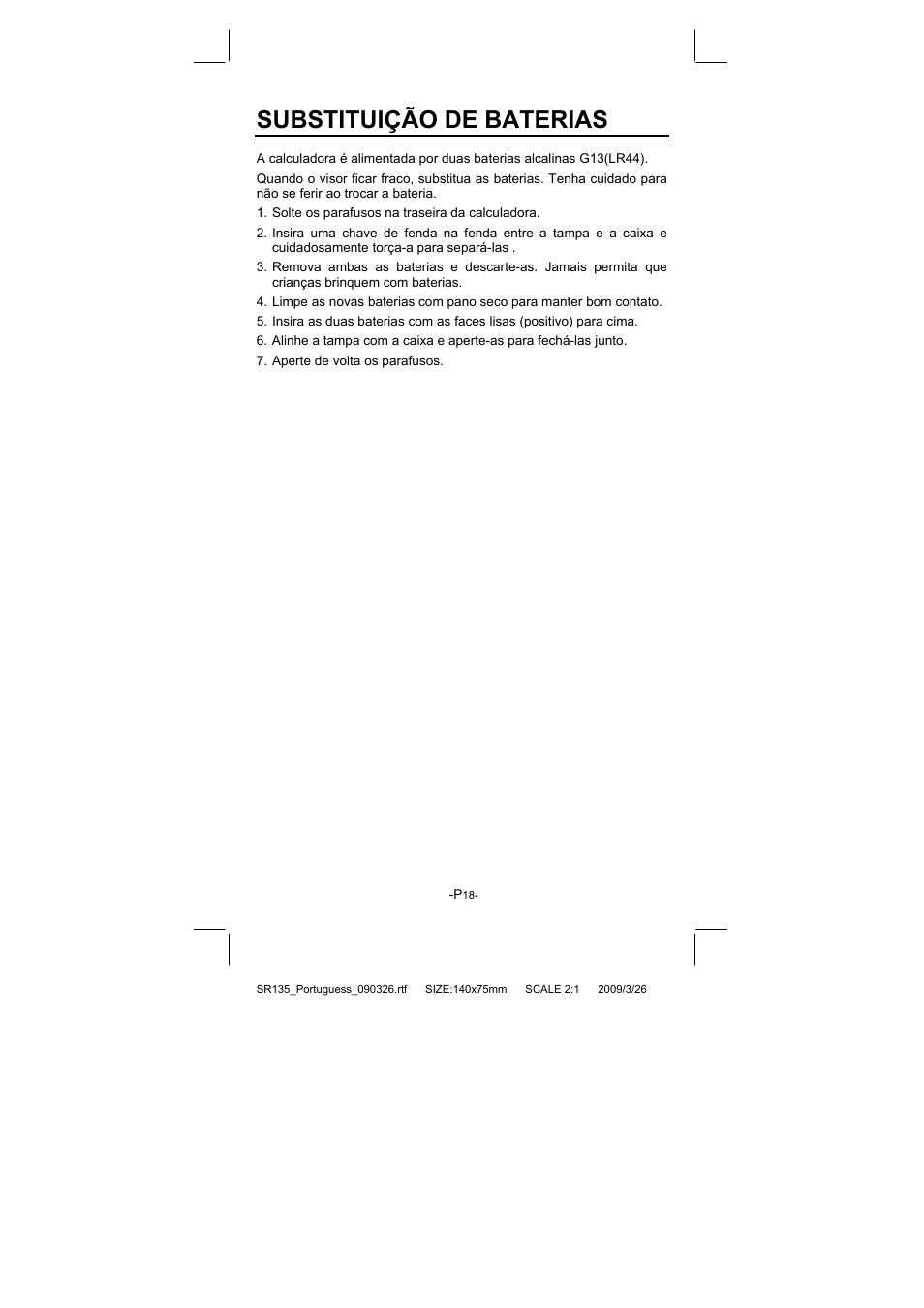Substituição de baterias | CITIZEN SR-135NPU User Manual | Page 55 / 182