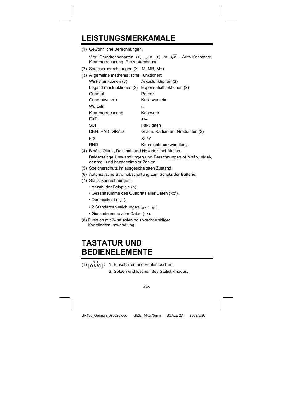 Leistungsmerkamale, Tastatur und bedienelemente | CITIZEN SR-135NPU User Manual | Page 57 / 182