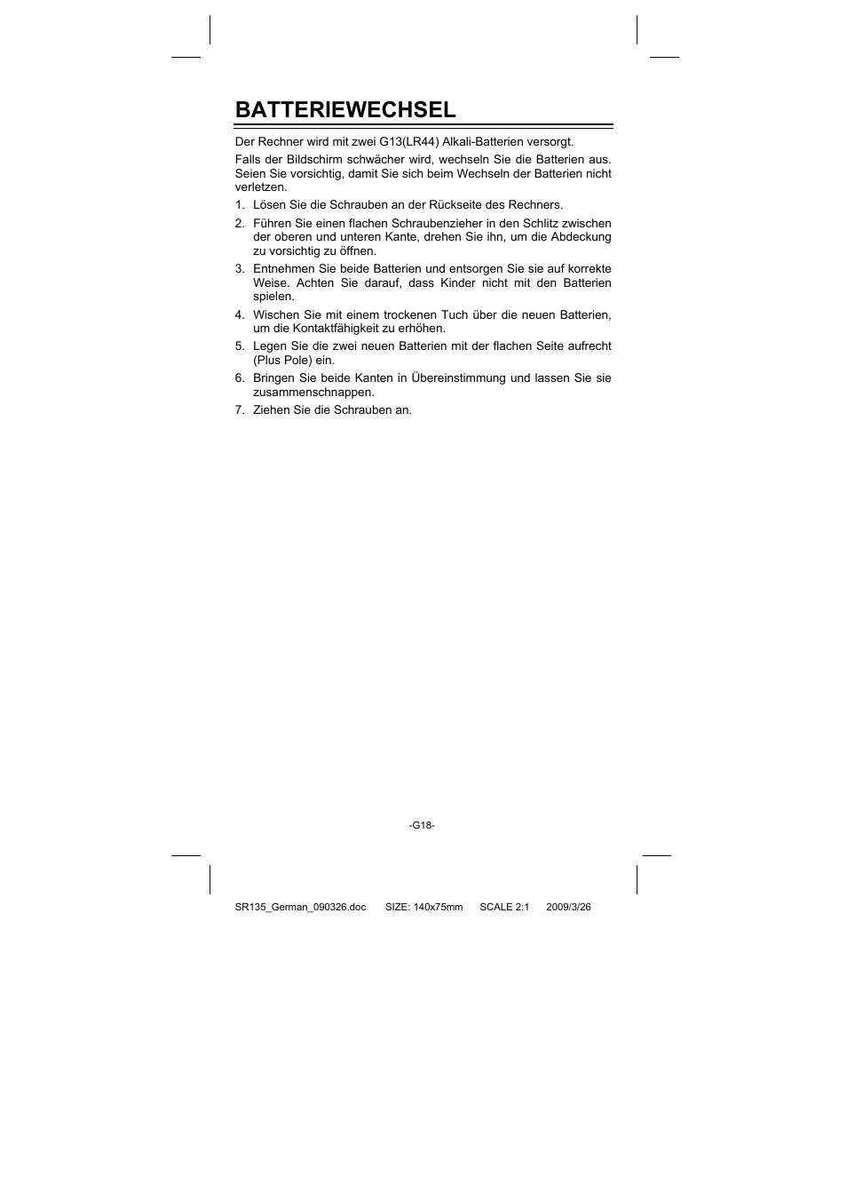 Batteriewechsel | CITIZEN SR-135NPU User Manual | Page 73 / 182
