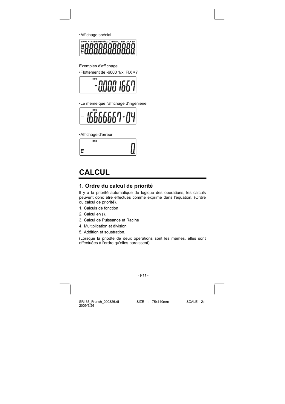 Calcul, Ordre du calcul de priorité | CITIZEN SR-135NPU User Manual | Page 84 / 182