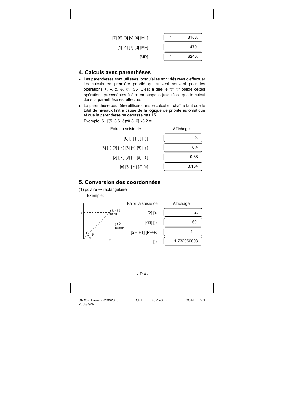 Calculs avec parenthéses, Conversion des coordonnées | CITIZEN SR-135NPU User Manual | Page 87 / 182