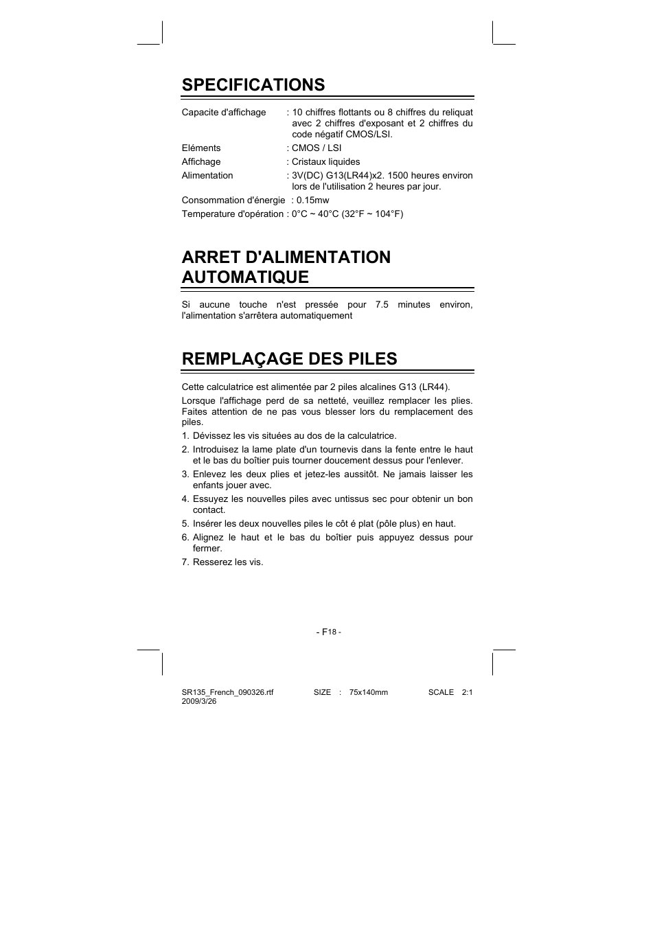 Specifications, Arret d'alimentation automatique, Remplaçage des piles | CITIZEN SR-135NPU User Manual | Page 91 / 182