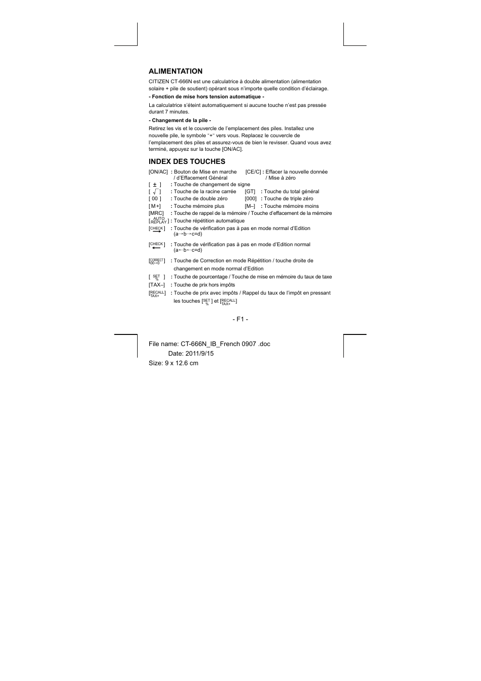 Alimentation, Index des touches | CITIZEN CT-666N User Manual | Page 10 / 45