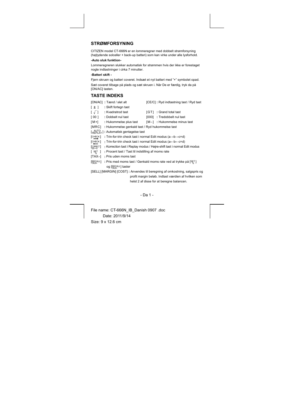 Strømforsyning, Taste indeks | CITIZEN CT-666N User Manual | Page 16 / 45