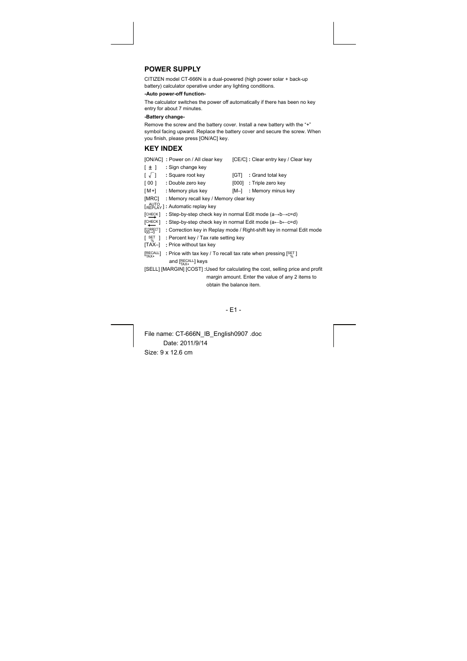 Power supply, Key index | CITIZEN CT-666N User Manual | Page 2 / 45