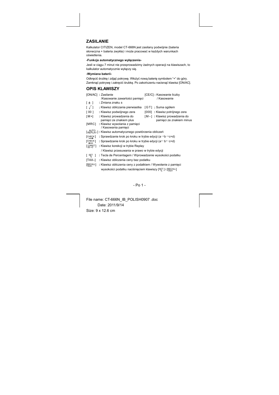 Zasilanie, Opis klawiszy | CITIZEN CT-666N User Manual | Page 20 / 45