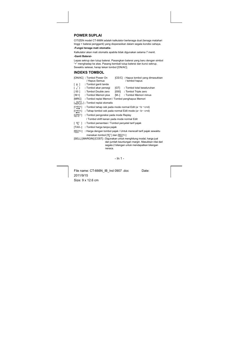 Power suplai, Indeks tombol | CITIZEN CT-666N User Manual | Page 24 / 45