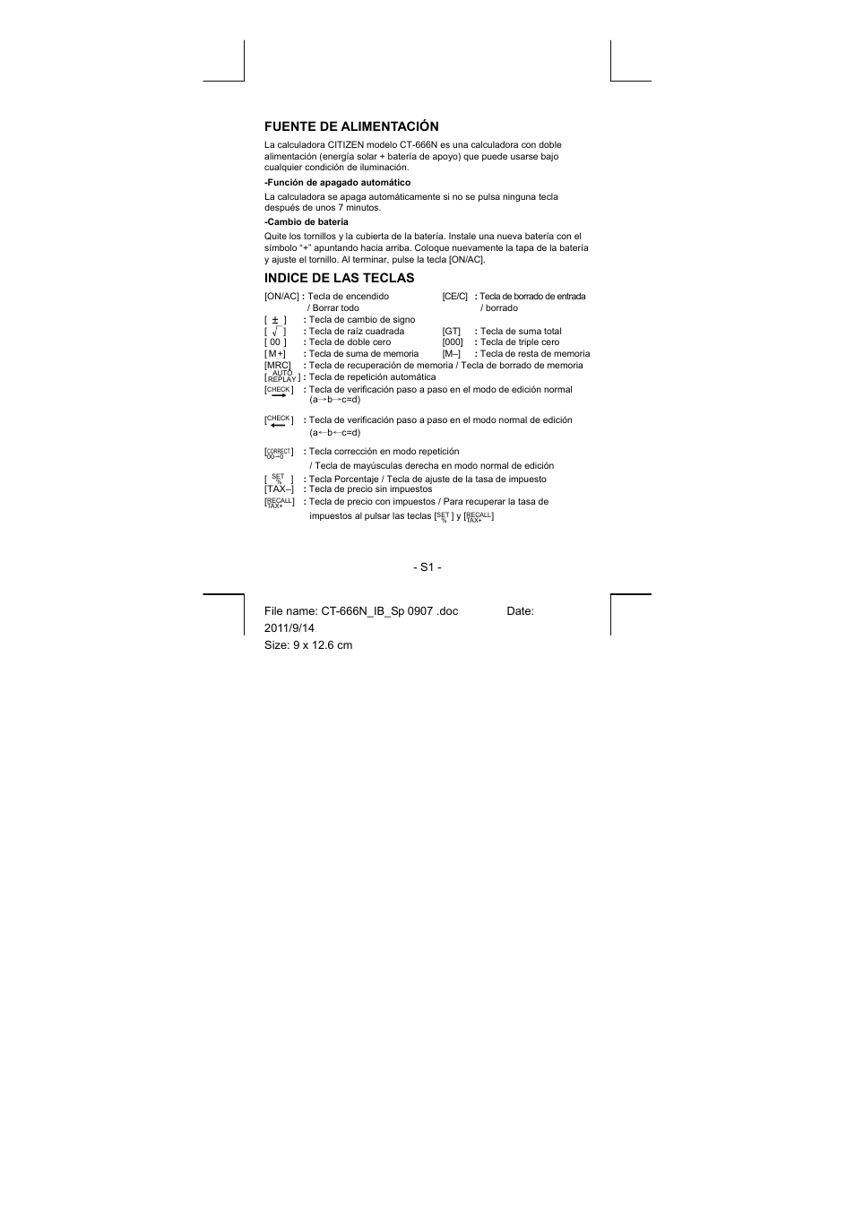 Fuente de alimentación, Indice de las teclas | CITIZEN CT-666N User Manual | Page 4 / 45
