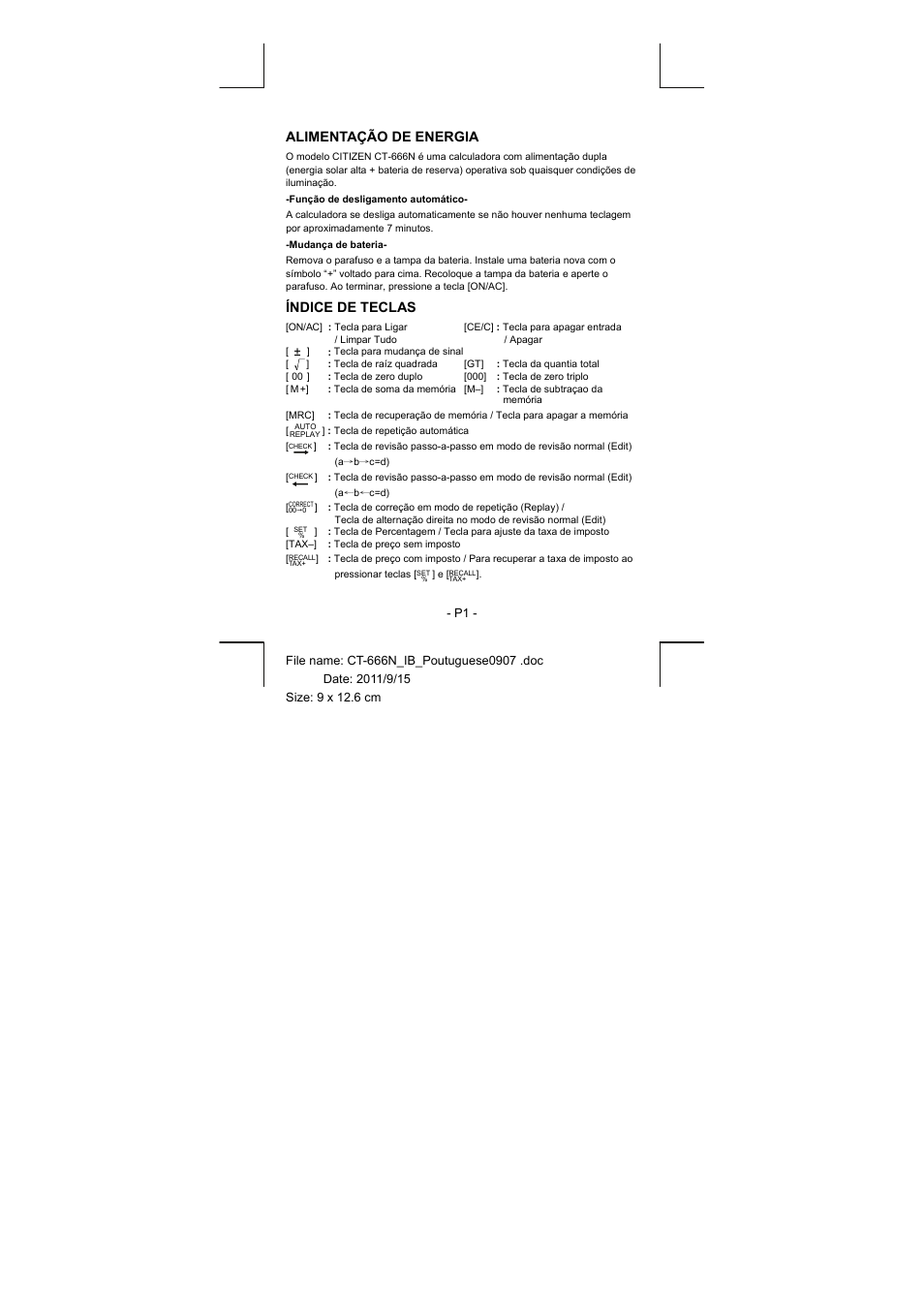 Alimentação de energia, Índice de teclas | CITIZEN CT-666N User Manual | Page 6 / 45