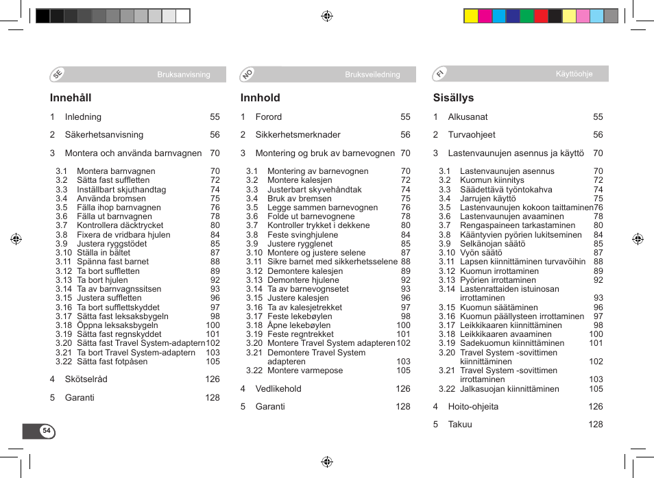 Innehåll, Innhold, Sisällys | Britax B-Motion User Manual | Page 56 / 134