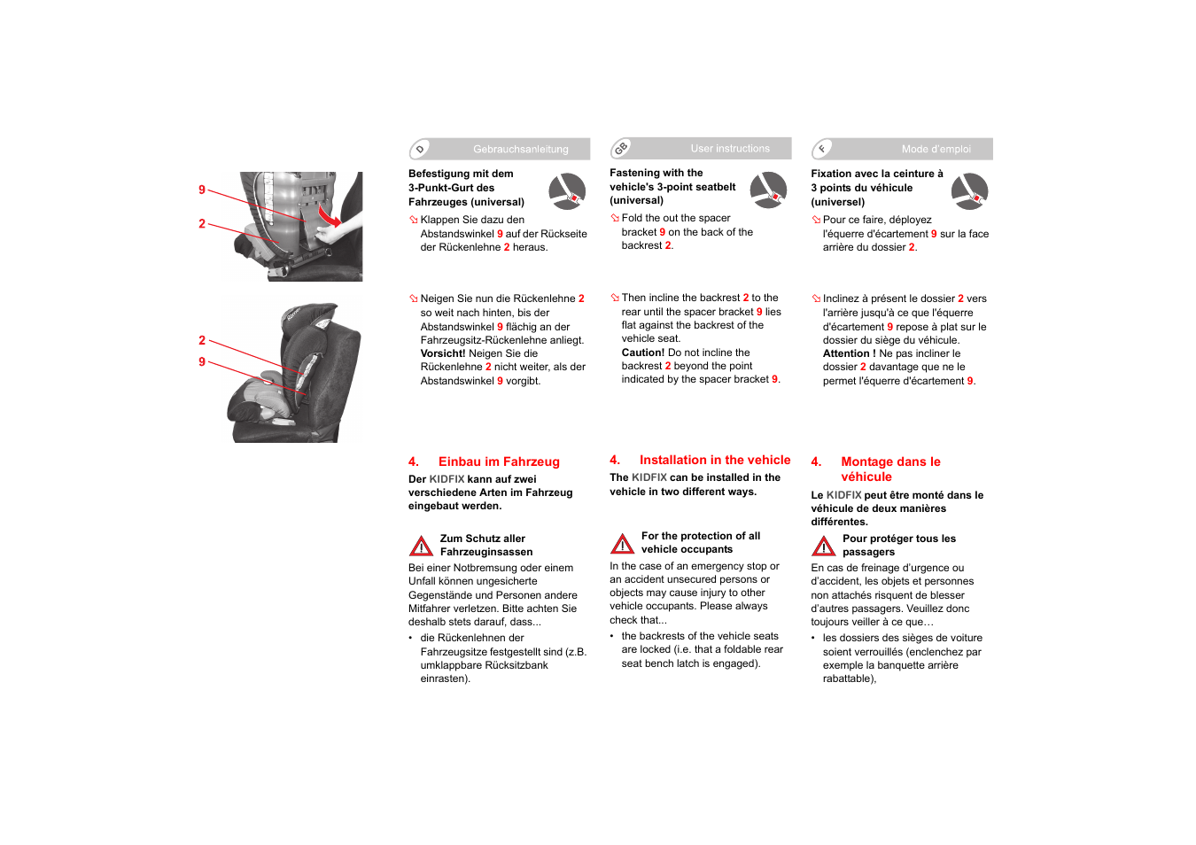 Einbau im fahrzeug, Installation in the vehicle, Montage dans le véhicule | Britax KIDFIX User Manual | Page 10 / 83