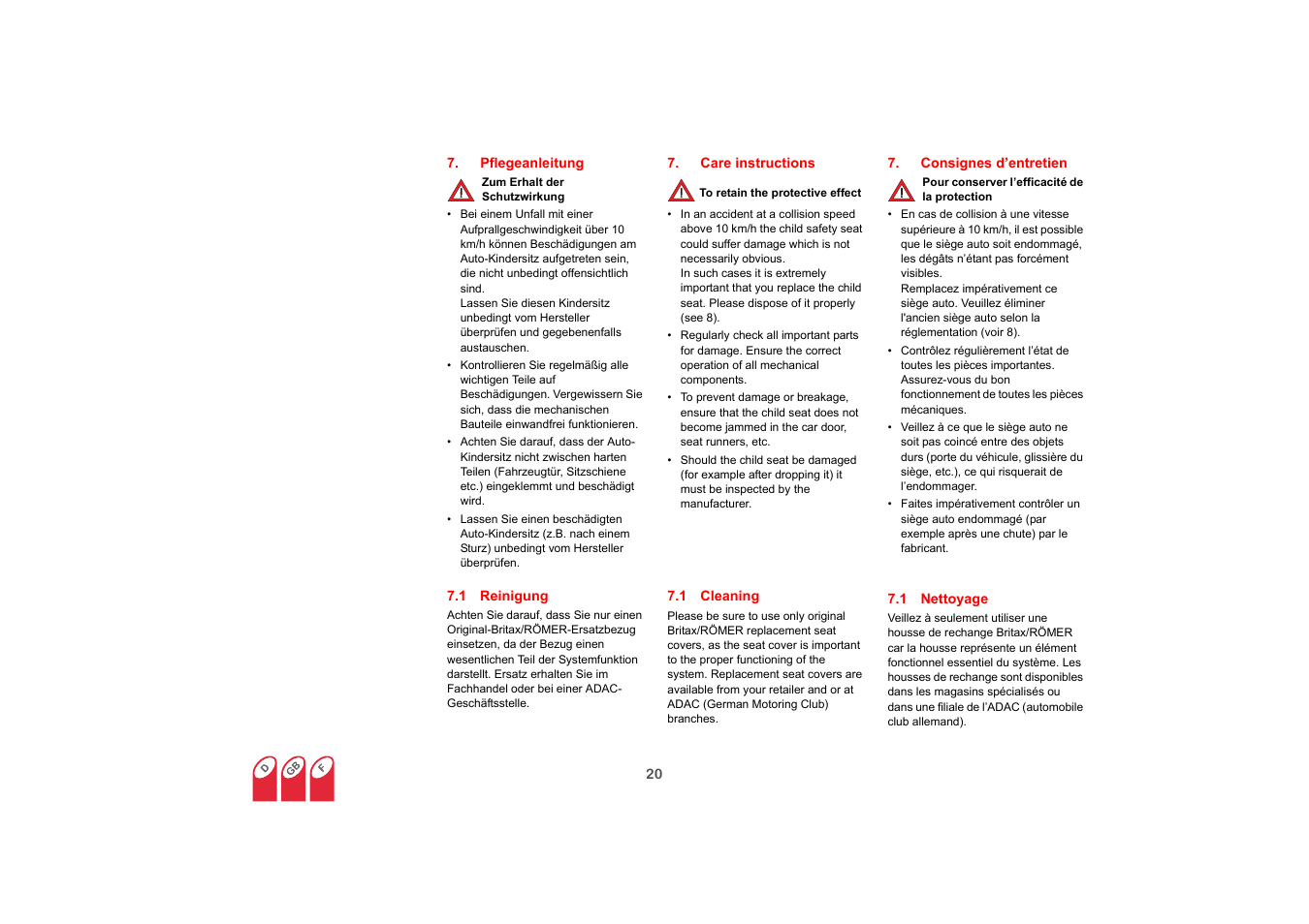 Pflegeanleitung, 1 reinigung, Care instructions | 1 cleaning, Consignes d’entretien, 1 nettoyage | Britax KIDFIX User Manual | Page 21 / 83