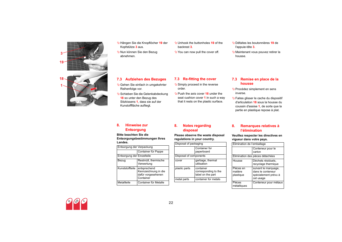 3 aufziehen des bezuges, Hinweise zur entsorgung, 3 re-fitting the cover | Notes regarding disposal, 3 remise en place de la housse, Remarques relatives à l’élimination | Britax KIDFIX User Manual | Page 23 / 83