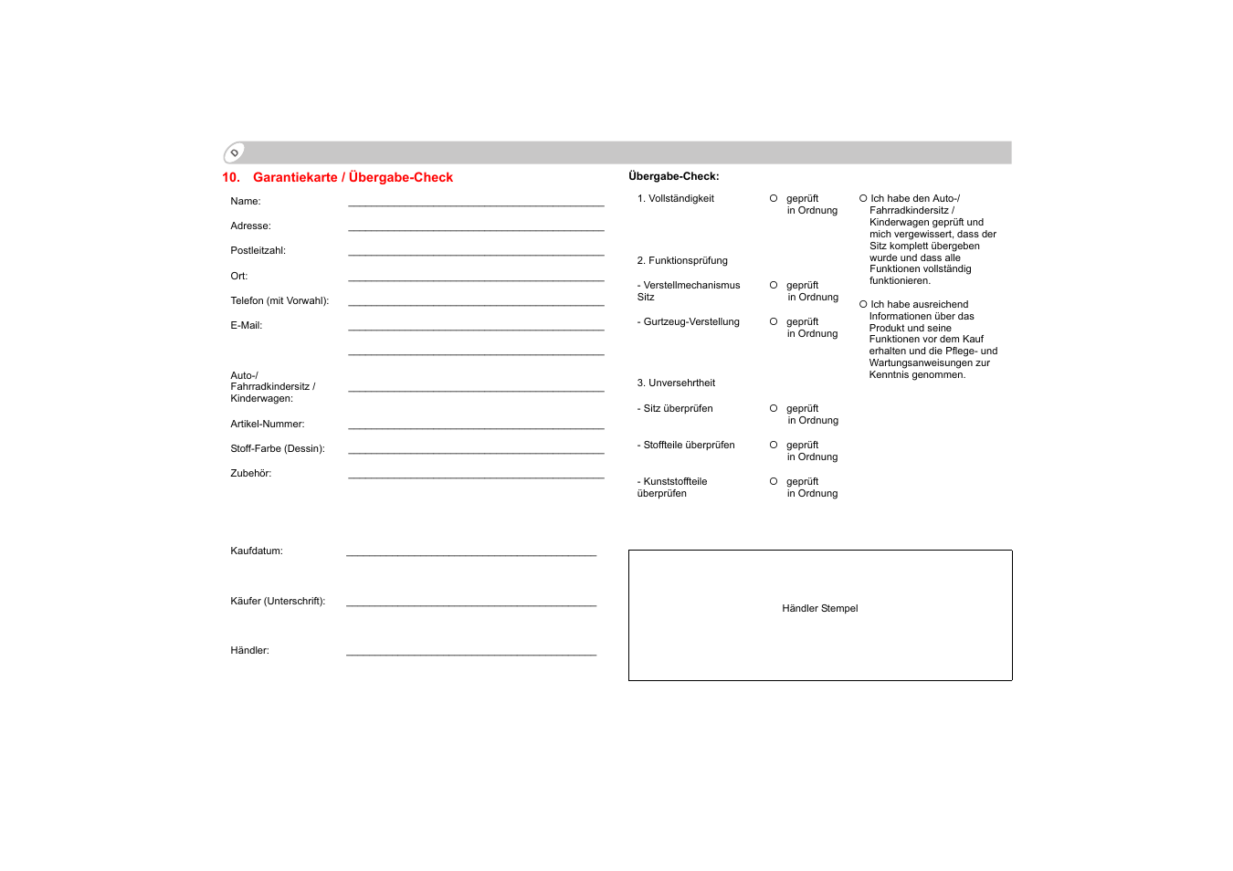Garantiekarte / übergabe-check | Britax KIDFIX User Manual | Page 26 / 83