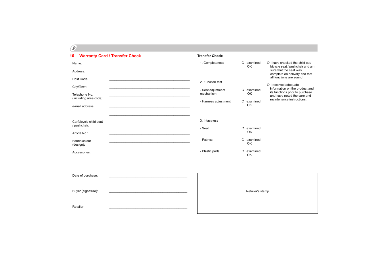 Warranty card / transfer check | Britax KIDFIX User Manual | Page 27 / 83