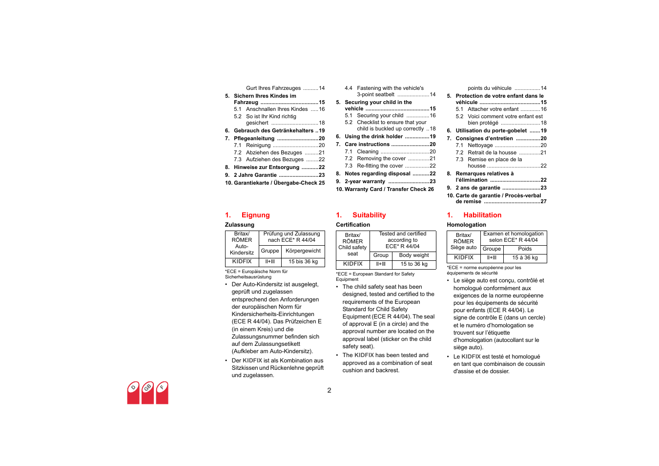 Eignung, Suitability, Habilitation | Protection de votre enfant dans le véhicule 15, 1 attacher votre enfant 16, 2 voici comment votre enfant est bien protégé 18, Utilisation du porte-gobelet 19, Consignes d’entretien 20, 1 nettoyage 20, 2 retrait de la housse 21 | Britax KIDFIX User Manual | Page 3 / 83