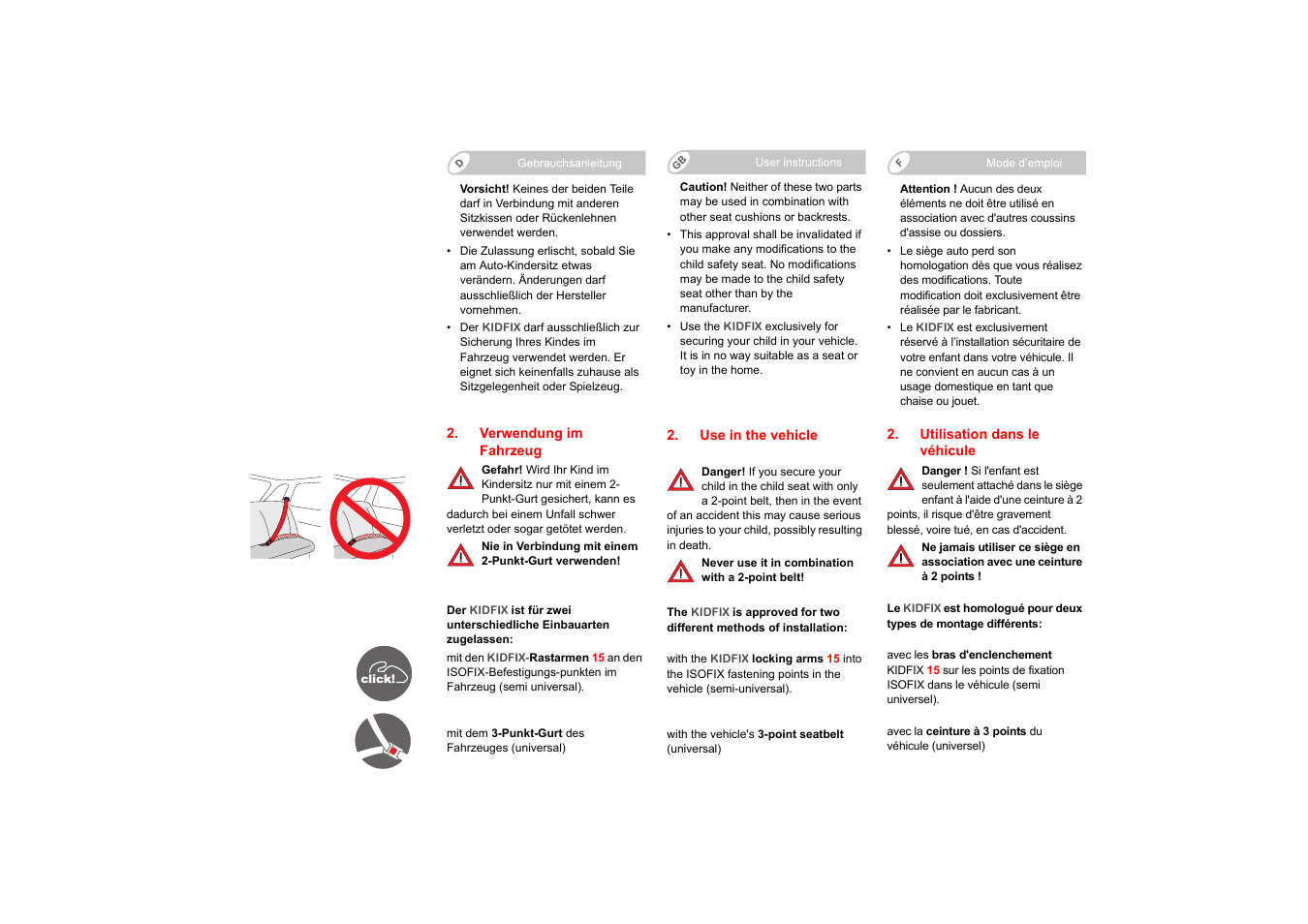 Verwendung im fahrzeug, Use in the vehicle, Utilisation dans le véhicule | Britax KIDFIX User Manual | Page 4 / 83