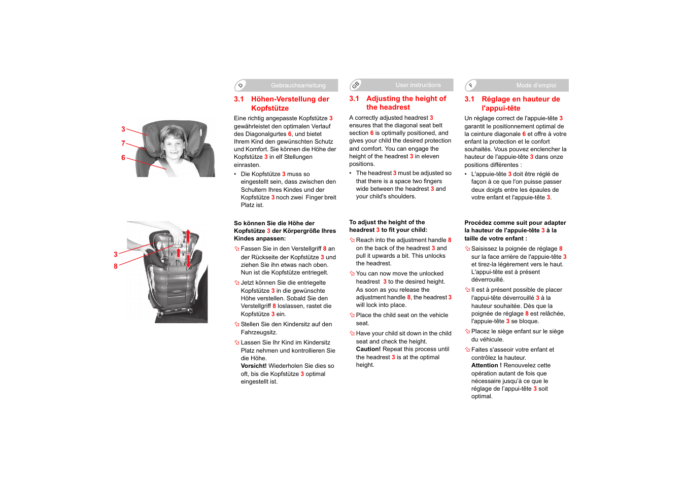 1 höhen-verstellung der kopfstütze, 1 adjusting the height of the headrest, 1 réglage en hauteur de l'appui-tête | Britax KIDFIX User Manual | Page 8 / 83