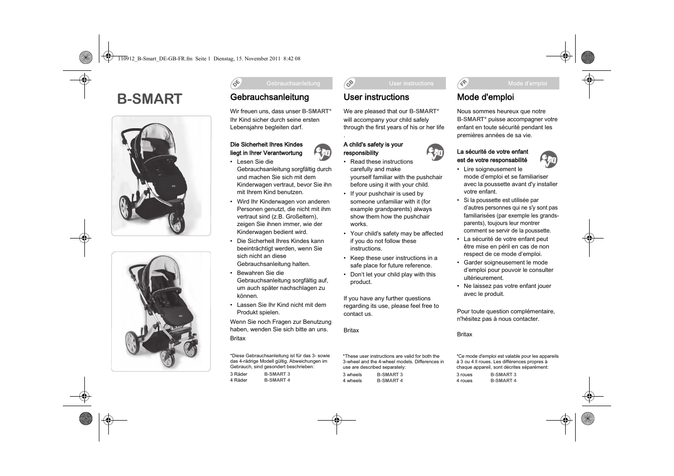 B-smart, Mode d'emploi, User instructions | Gebrauchsanleitung | Britax B-SMART User Manual | Page 2 / 116