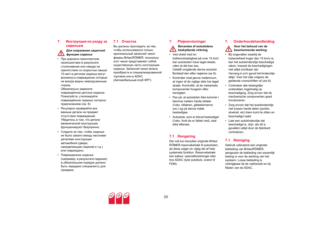 Plejeanvisninger, Rengøring, Onderhoudshandleiding | Reiniging | Britax KIDFIX SICT User Manual | Page 75 / 83