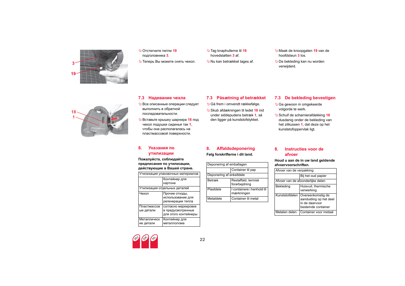 Påsætning af betrækket, Affaldsdeponering, De bekleding bevestigen | Instructies voor de afvoer | Britax KIDFIX SICT User Manual | Page 77 / 83