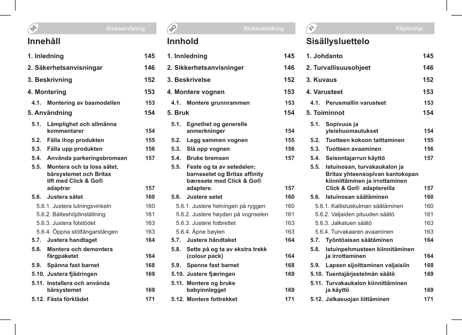 Innhold, Innehåll, Sisällysluettelo | Britax Affinity User Manual | Page 146 / 218