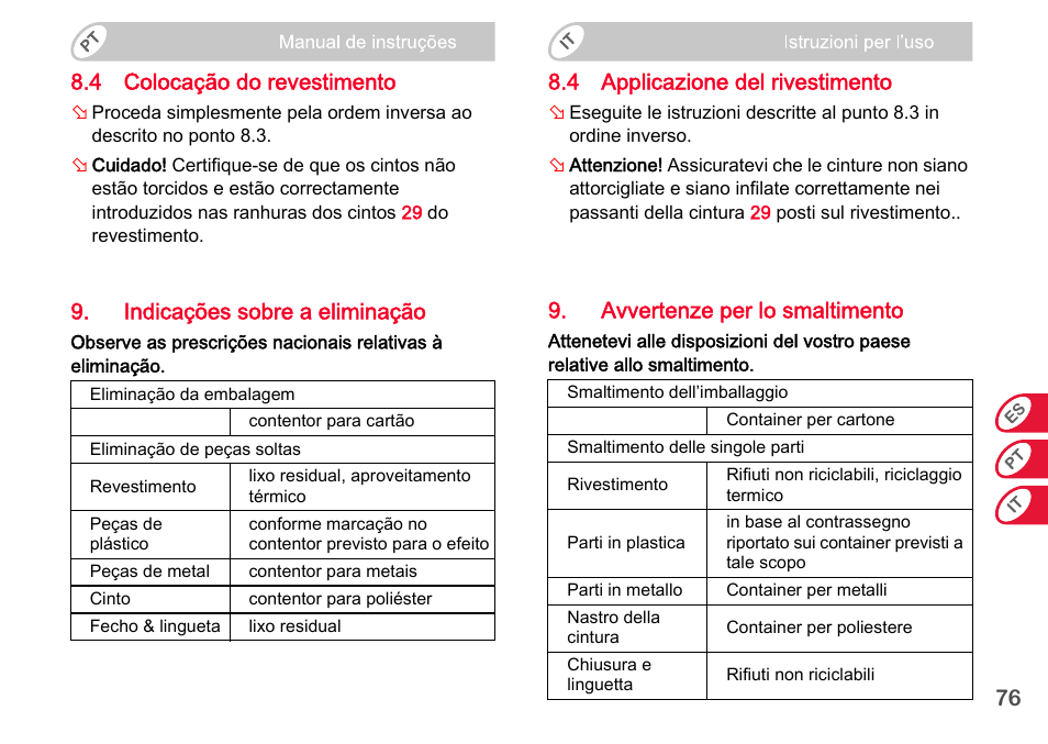 76 8.4 colocação do revestimento, Indicações sobre a eliminação, 4 applicazione del rivestimento | Avvertenze per lo smaltimento | Britax Romer BABY-SAFE plus SHR II User Manual | Page 168 / 272