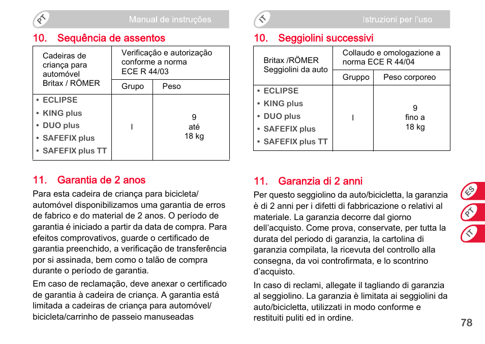 Seggiolini successivi 11. garanzia di 2 anni | Britax Romer BABY-SAFE plus SHR II User Manual | Page 170 / 272