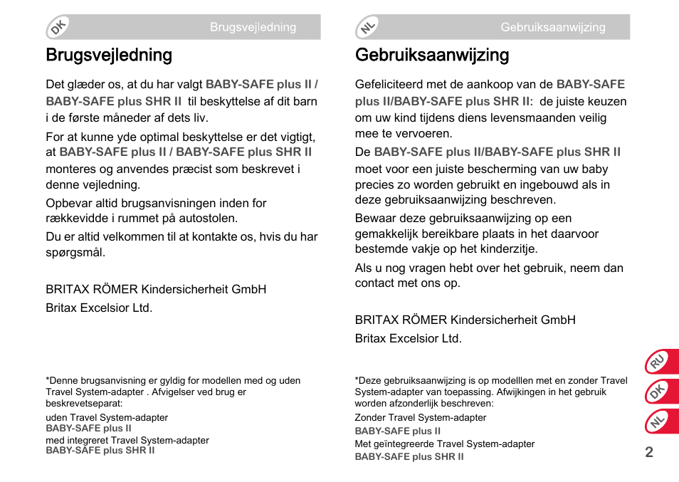 Brugsvejledning, Gebruiksaanwijzing | Britax Romer BABY-SAFE plus SHR II User Manual | Page 185 / 272