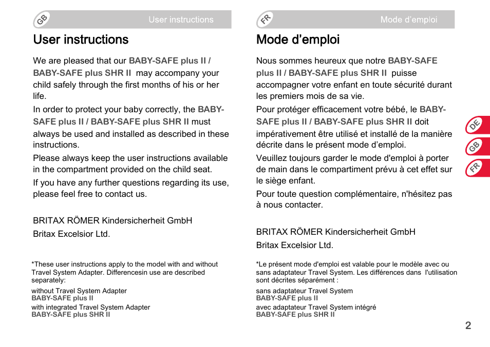 User instructions, Mode d’emploi | Britax Romer BABY-SAFE plus SHR II User Manual | Page 3 / 272