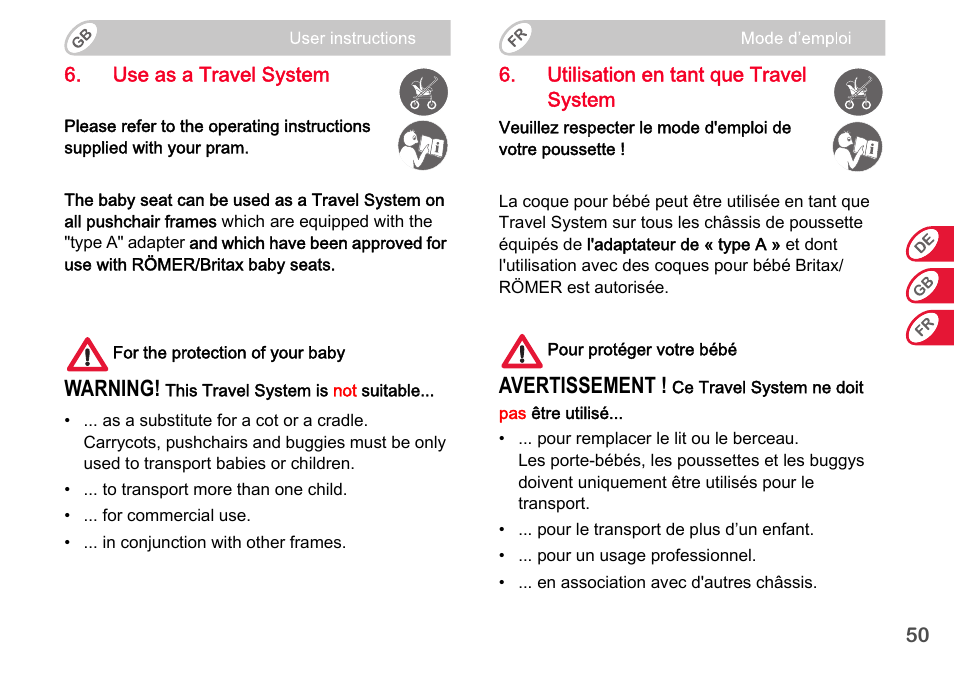 Warning, Avertissement | Britax Romer BABY-SAFE plus SHR II User Manual | Page 51 / 272